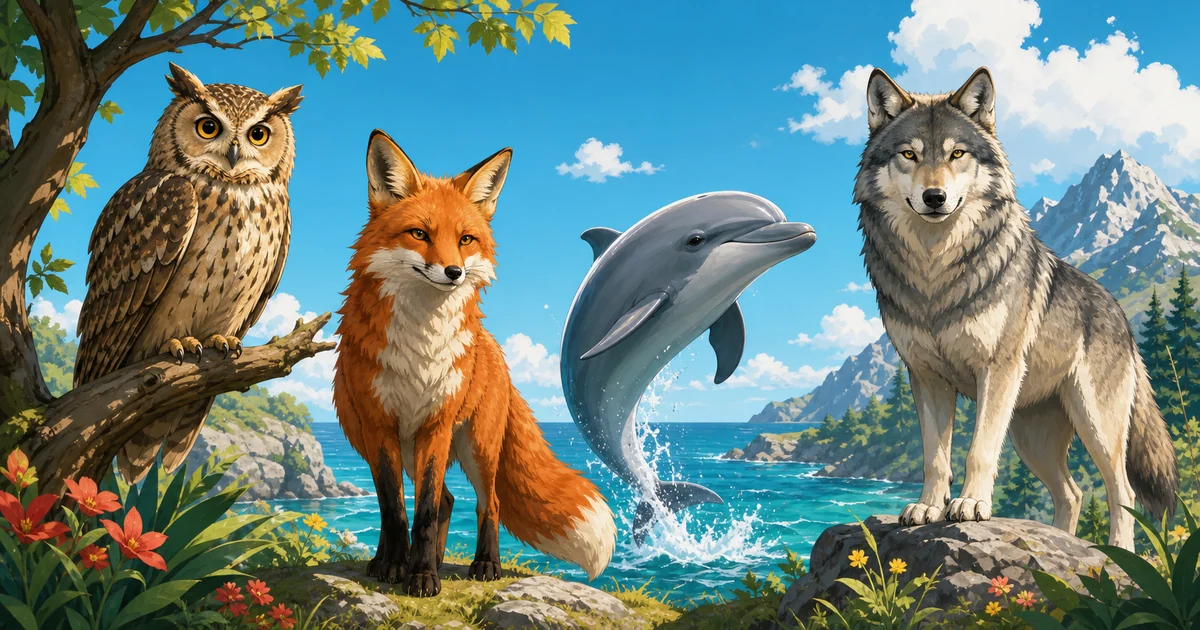 Owl, fox, dolphin, and wolf animal personality profiles