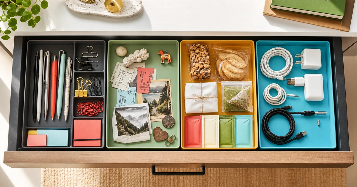 Open desk drawer organized with stationery, keepsakes, snacks, cables, and adapters