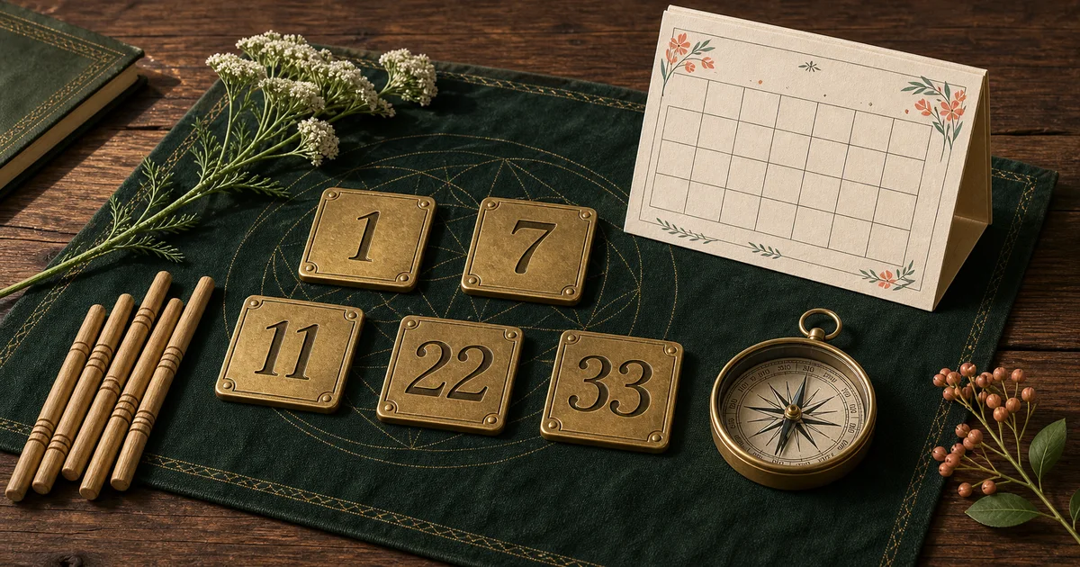 Brass number tiles, calendar, compass, and counting rods for the mystic number calculator
