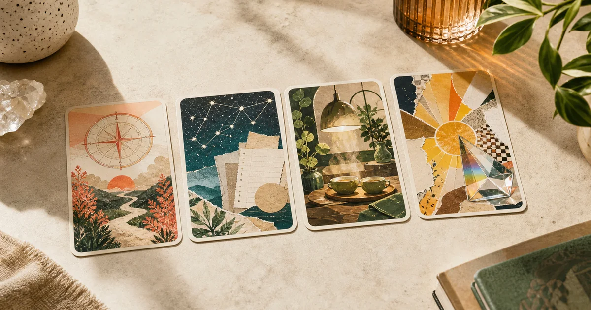 Four illustrated personality cards showing a path, connected lights, a warm table, and prism light