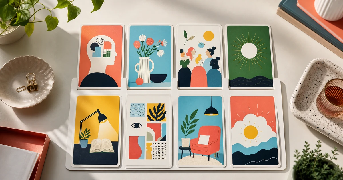 Eight illustrated personality cards arranged as a colorful result archive