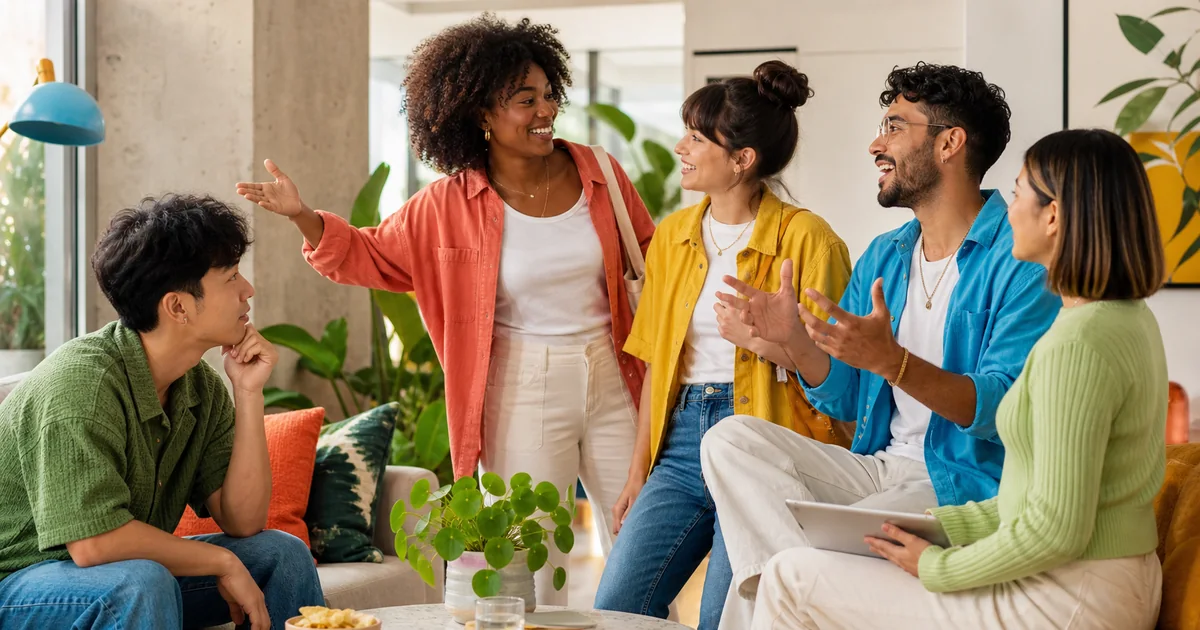 A diverse friend group talking, listening, sharing energy, and coordinating plans in a bright room