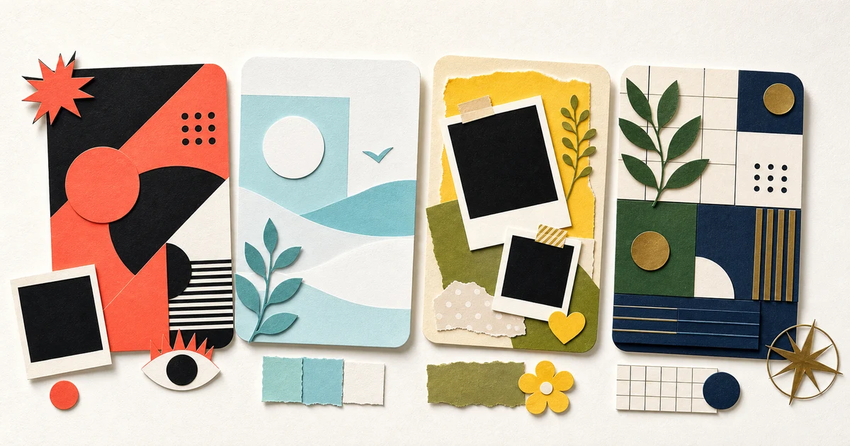 Four visual personality card styles in a paper collage